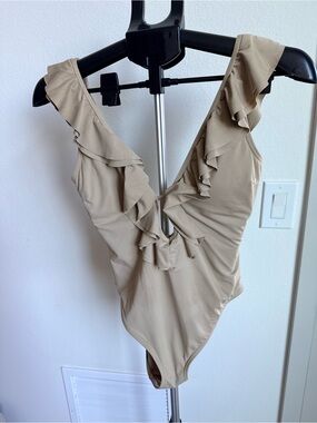 MICHAEL Michael Kors Beige Ruffle V-Neck One-Piece